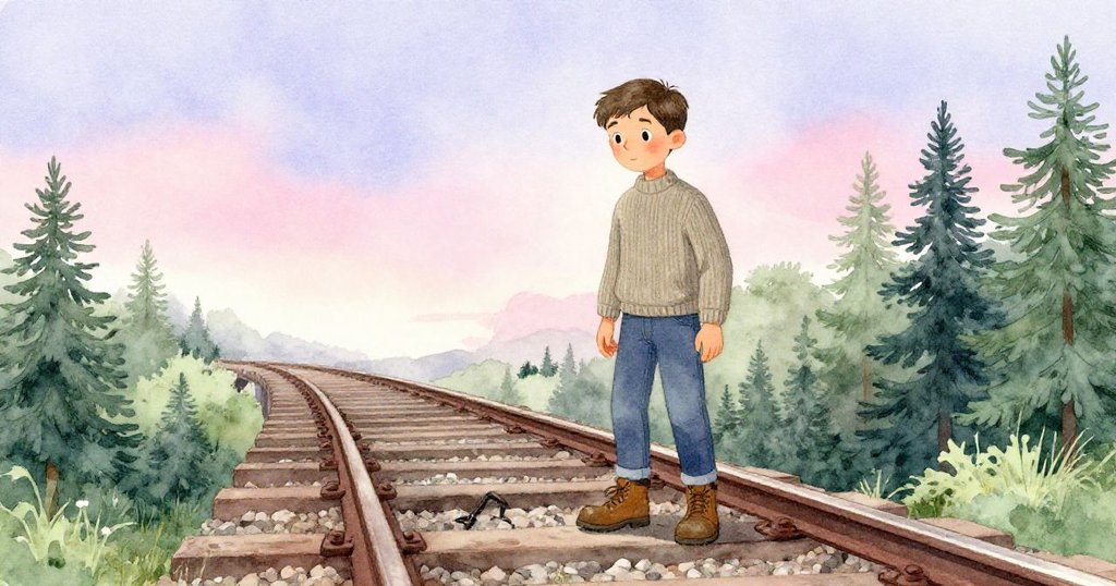 艾利亞斯在天橋上操作錄音設備,鬆動螺絲輕敲鐵軌,前景鐵軌、中景人物、背景倉庫田野層次分明。