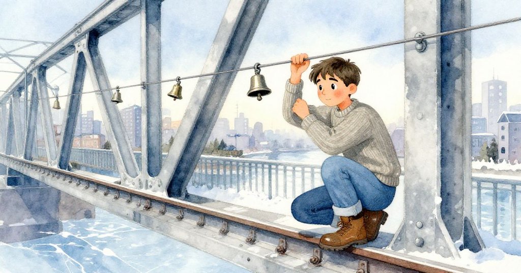 艾利亞斯蹲在鋼樑後調整設備,面對火車口哨與鐘聲干擾,神情堅毅中帶點憂慮,背景呈現城市剪影。