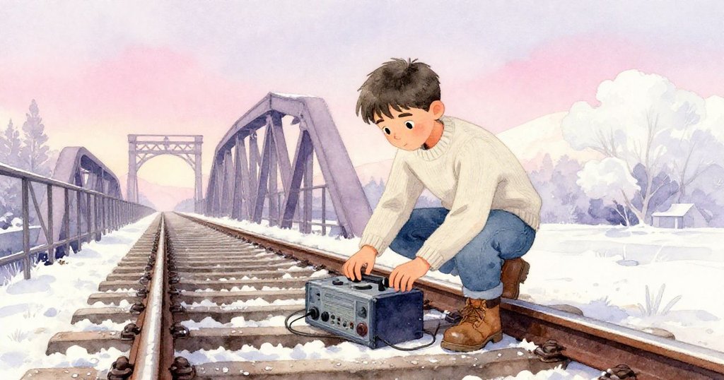 艾利亞斯在黃昏露水凝結的鐵軌上檢查錄音設備,眼中流露決心與期盼,背景逐漸暗淡呈現都市輪廓。