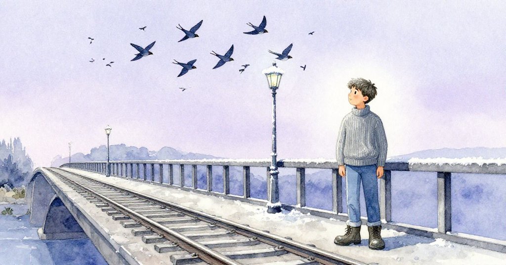 艾利亞斯在夜幕與結霜的鐵道上完成錄音,靜觀燕子在紫夜中盤旋,展現出堅持後的勝利與欣慰。