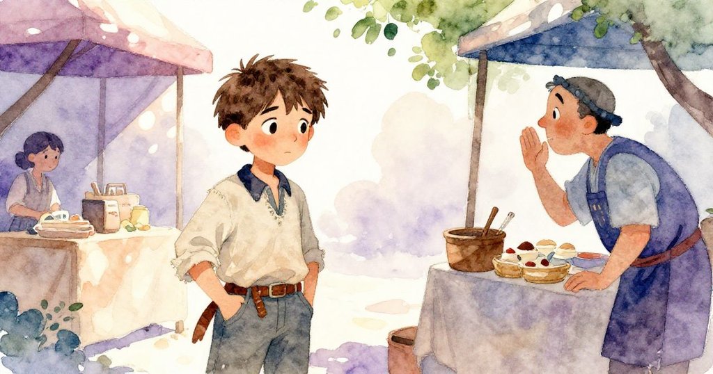 Kellan在市集中焦急檢查空口袋，攤販低語消息，空白背景凸顯孤獨與期待，情感豐富。