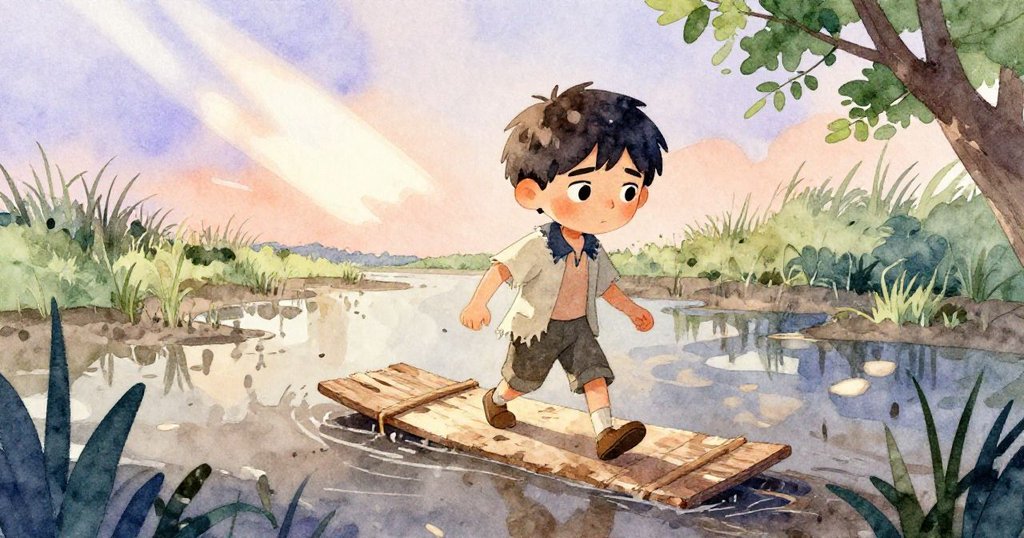 Kellan在沼澤邊小心行走，破舊木板與深陷泥濘映襯他的堅毅與焦急，主觀視角展現危險。