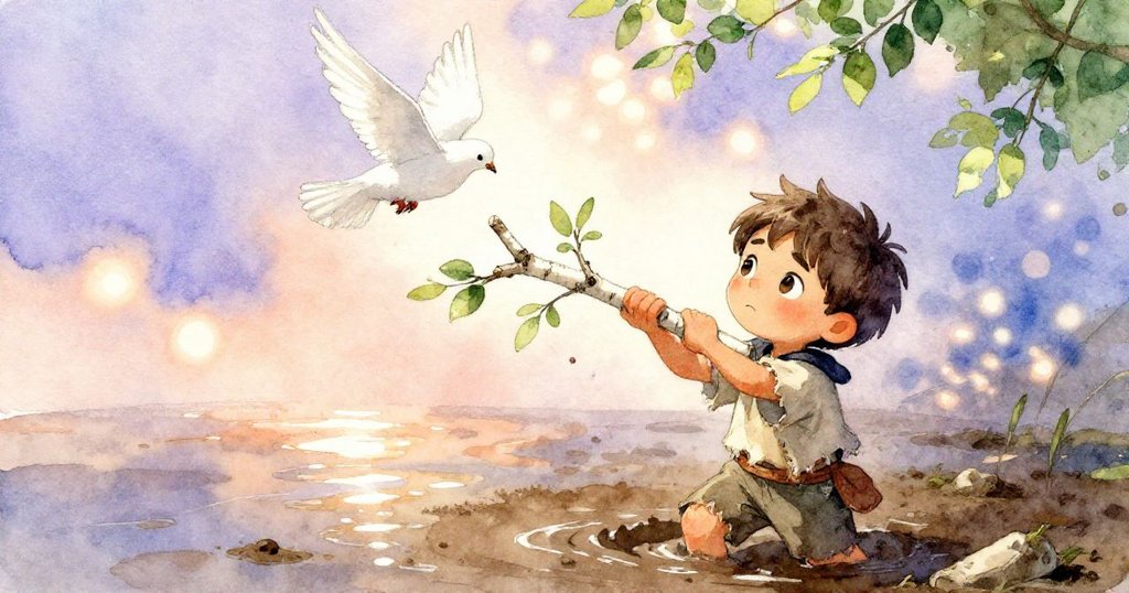 Kellan奮力抓住白樺枝自拔，白鴿掠過濕泥場景，晨光與動態動作呼應緊張與奇幻。