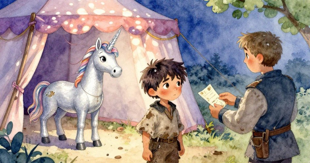 Kellan傍晚泥濘中自信歸來，守衛核對憑證後帳篷內銀獨角獸靜立，燈光映襯呈奇幻寧靜。