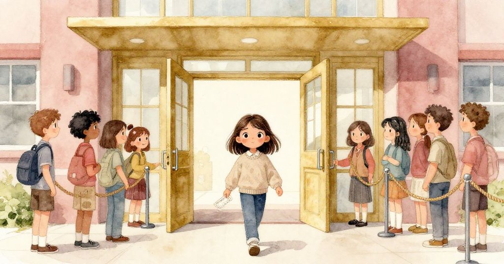 米娜在校園大廳入口處穿過開放的門，拿著票紙，背景有學生和繩線，臉上流露出希望和期待的表情。