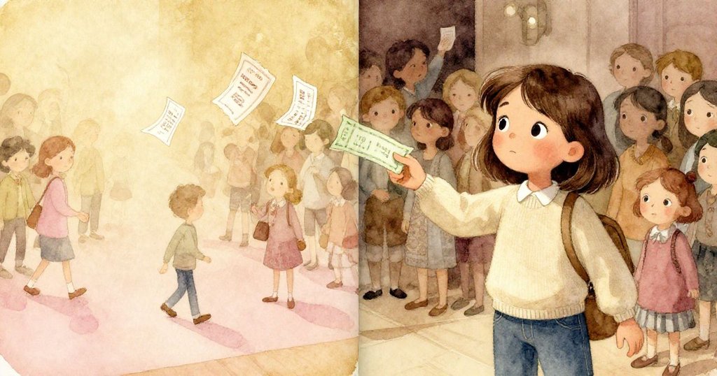 米娜衣服飛揚場景分割畫面，一邊票紙隨著突如其來的撞擊飛散，另一邊她迅速抓住綠色憑證，神情穩定，背景有學生和逐漸昏暗的舞台燈光。