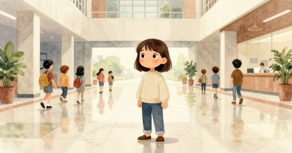 雨後校園大廳裡大理石閃著光，米娜平靜沉著站在中央觀察周遭，背景有模糊的學生和細膩的反光，展現內心穩定。