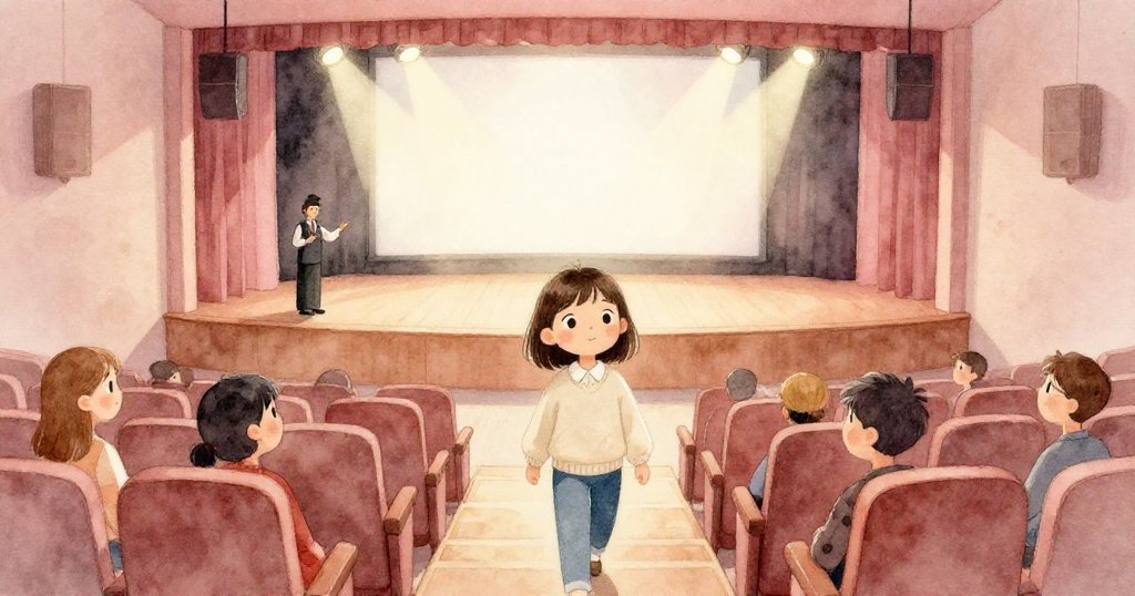 米娜滿懷寬慰微笑，進入柔和燈光的禮堂中，伴隨著迎接她的服務員點頭示意，準備開始科學演講，展現出結局的溫暖與放鬆。