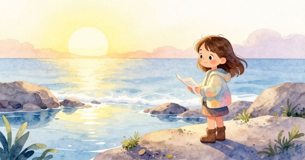 Elena在日出時站在岩岸上，手持速寫本欣賞反映銀色天空的潮池，表現出寧靜與期待的情緒。