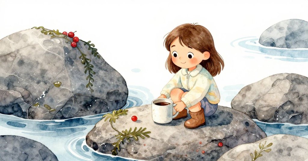 Elena小心地將半滿的可可杯放在平石上，周圍岩石點綴著海藻，展現專注且溫柔的動作。