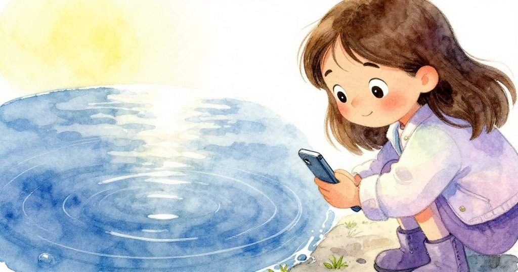 Elena透過潮池如玻璃的水面觀察反射的銀色天空，手機掛於手腕上，流露出好奇與期待的神情。