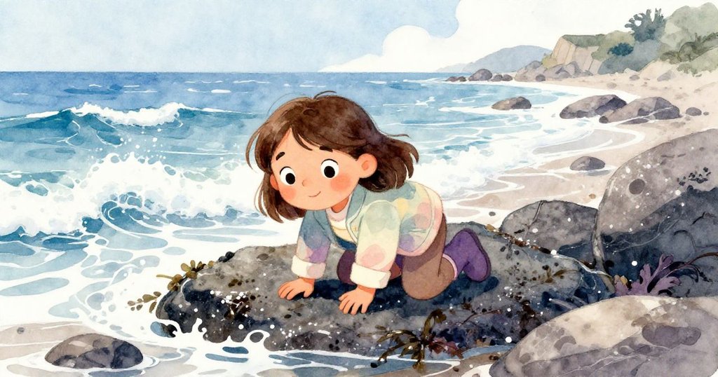 Elena蹲著爬行在潮濕滑石上，海浪猛烈拍打岩石，表情堅定且緊張，呈現自然環境的動感。