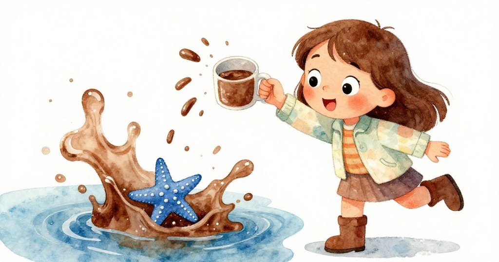 Elena驚訝地望著可可從杯中濺出，棕色漩渦橫跨潮池，並驚動隱藏的藍海星，現出緊張瞬間。