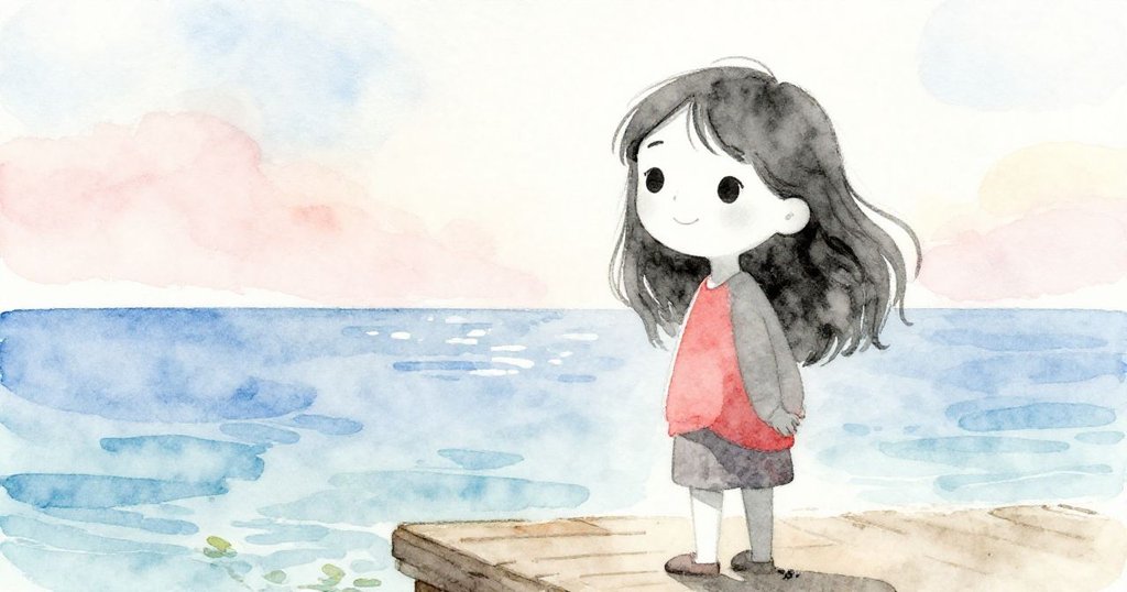 米拉站在碼頭上，身影與明亮背景融合，眺望藍色水面，晨光下充滿期待與好奇，呈現海邊寧靜氛圍。