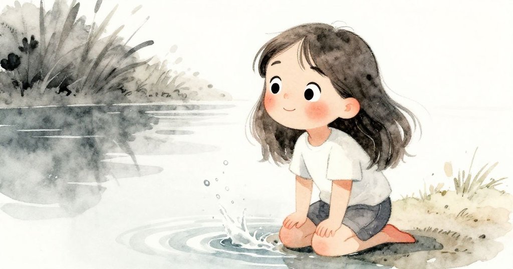 米拉跪在水邊注視閃爍水面，眼中滿是驚奇與柔和光影，形象生動呈現海邊美好早晨。