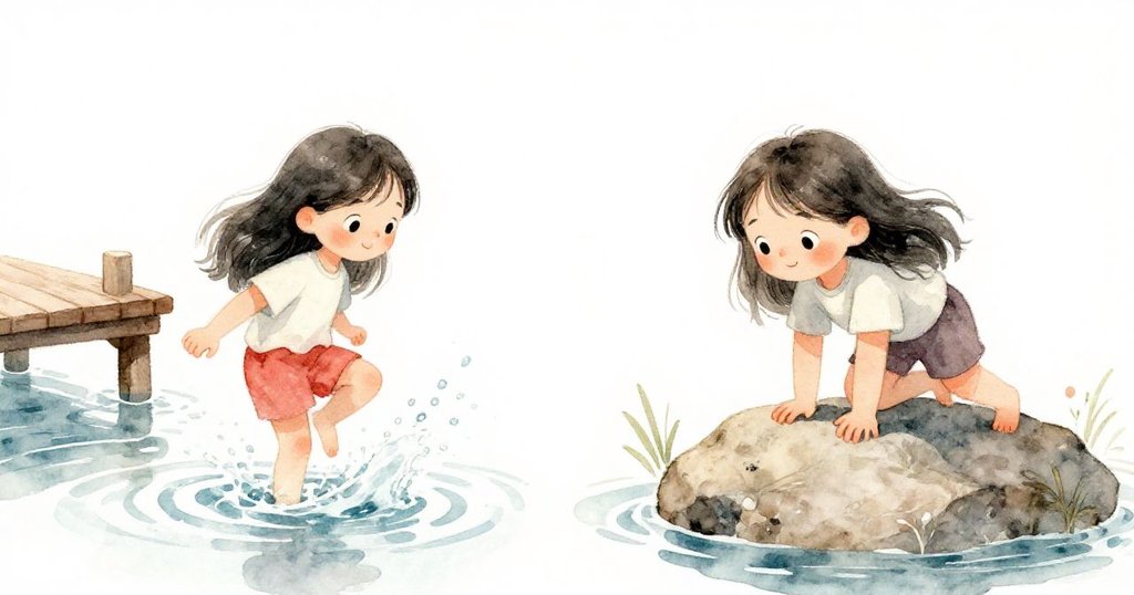 米拉在水邊先因水花濺起後退，隨後發現附近平整石頭並攀上去，展現動態轉變與海邊探索情景。