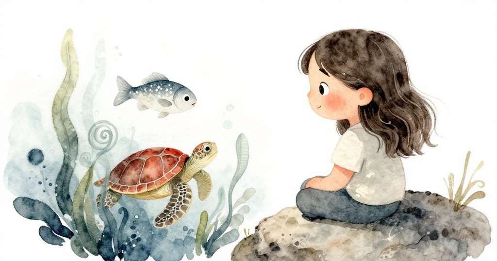 米拉坐在高高石頭上俯瞰水下世界，海藻輕旋揭露銀魚與海龜，光影交錯中呈現詩意夢幻景色。