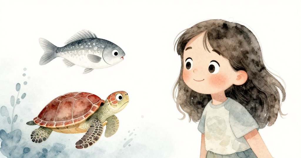 米拉驚嘆不已，眼睛大睜近距離觀察閃亮銀魚與悠遊海龜，臉上露出滿懷發現的驚喜神情。