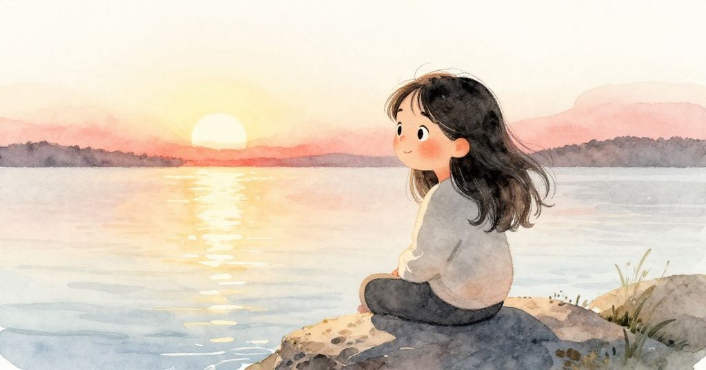 日落時分米拉靜坐於石頭上，金色陽光映照水面，溫暖光影中輕訴海邊探索後的寧靜與美好。