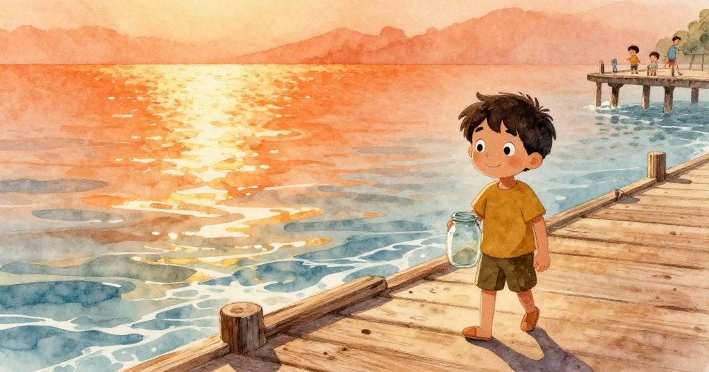 在溫暖午後,Luis手持透明瓶行走在木製碼頭上,海浪閃爍與歡笑聲環繞,充滿期待與冒險感。