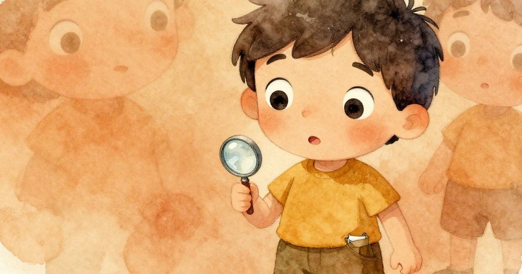 Luis專注且略帶驚喜的面容特寫,口袋中彈出的小放大鏡提示他尋求海中微小奇蹟,背景隱約呈現碼頭風情。