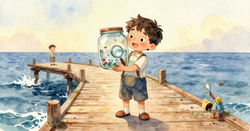 透明瓶特寫如同神奇窗戶,內部水中微光閃爍著浮游生物和海藻,在金黃色光線下展現奇妙海底世界。