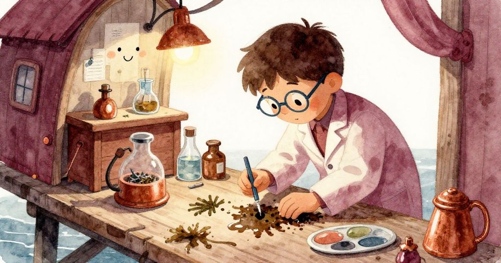 訪客科學家在碼頭一隅搭建的實驗空間中小心檢查水漬和海藻,周圍陳設著簡易實驗設備,營造出溫暖而有序的科學氛圍。