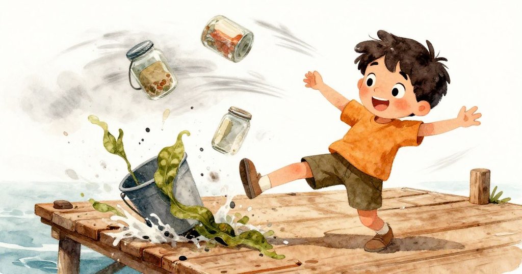 突如其來的狂風使Luis失去平衡,瓶子飛落撞上水桶,海藻濺起飛舞,其他孩子驚訝地退後,場面充滿動感。