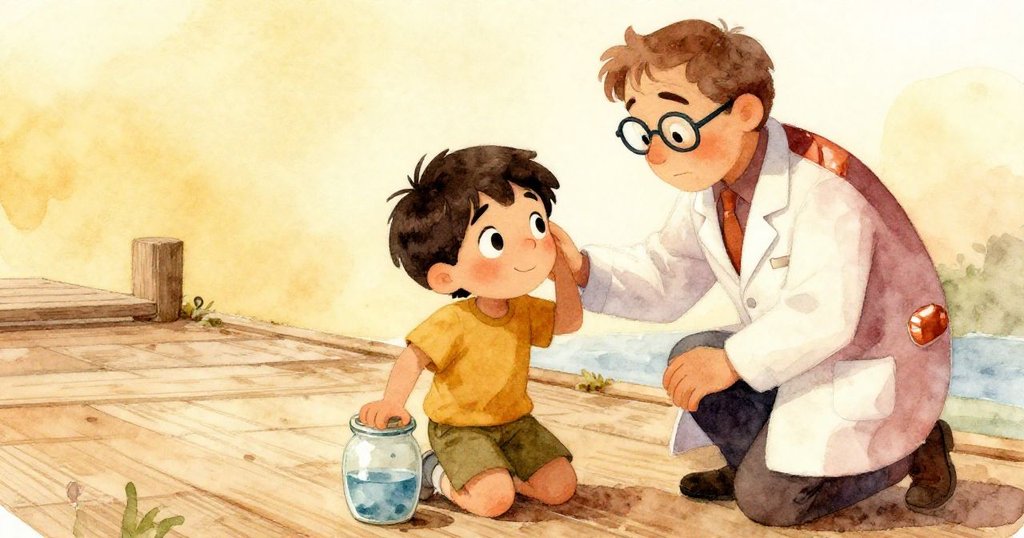 風暴過後,Luis跪在充滿水分的瓶旁,訪客科學家溫柔注視,他將瓶子小心放入背包,展現安心與重新發現的情感。