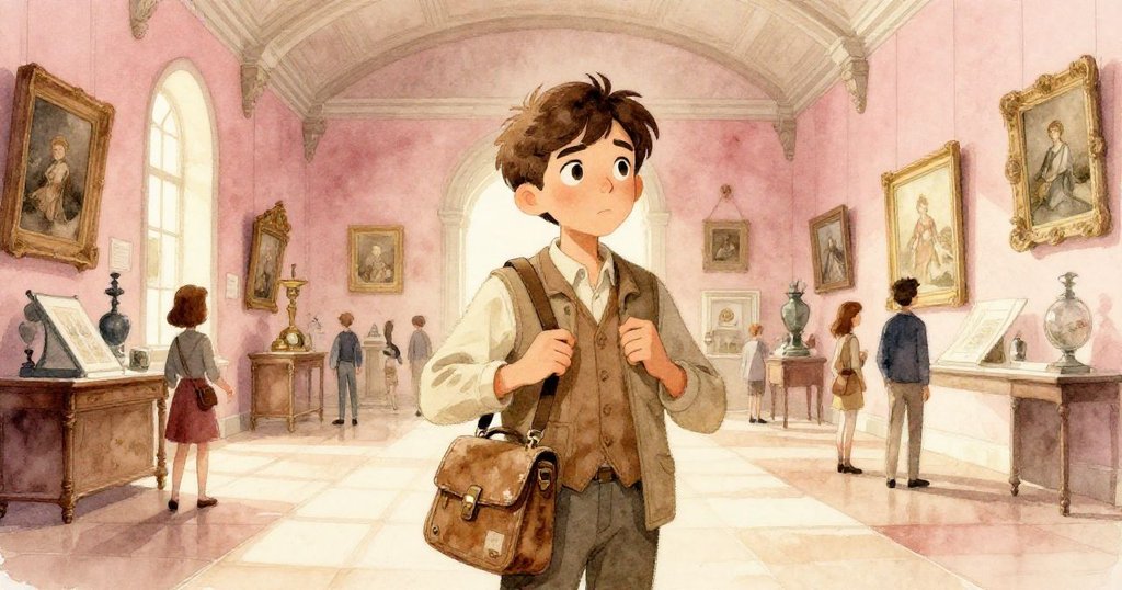 奧利佛走進博物館的大廳，調整著他的素描背包帶，光線透過窗戶灑落在古舊牆面上，他充滿好奇與期待，群眾緩緩穿梭中。