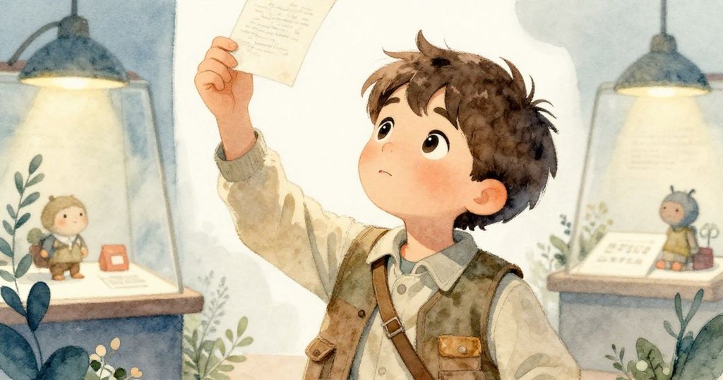 奧利佛在博物館中舉起筆記本，臉上流露出專注與驚訝，他謹慎保護著筆記本的頁面，背景模糊，強調他的熱情與細膩。