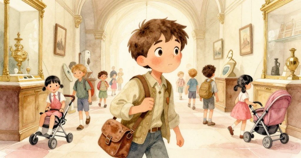 奧利佛在博物館中穿梭於遊客與學童間，小心翼翼地走過窄小通道，環顧四周展品，背景充滿古典氛圍與溫暖室內光線。