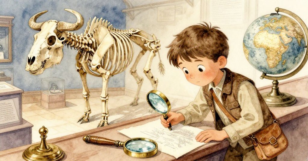 奧利佛到達夾層，環繞著高聳的野牛骨架和銅框放大鏡，下面轉動的地球儀閃閃生輝，他仔細觀察展品，充滿期待與好奇。