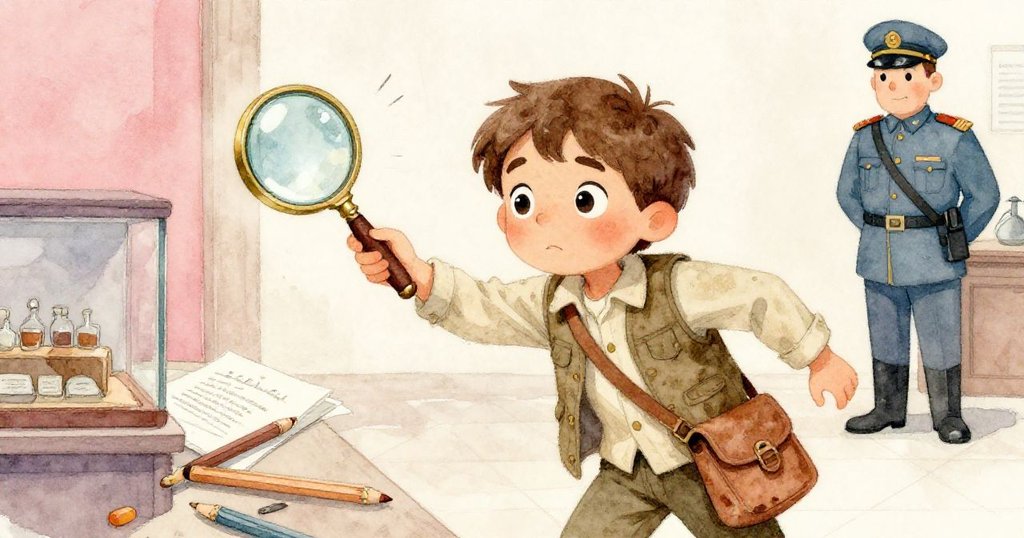 奧利佛的背包繩勾住放大鏡，放大鏡掉落，鉛筆散落，警衛迅速趕來處理，他忙碌中流露出焦急與決心，在博物館內引起小小騷動。