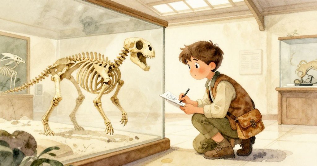 奧利佛在博物館夾層蹲下拾起鉛筆，細心地描繪穩定的野牛骨架，柔和的陽光透過窗戶灑下，展現出內心的平靜與專注，結局祥和。