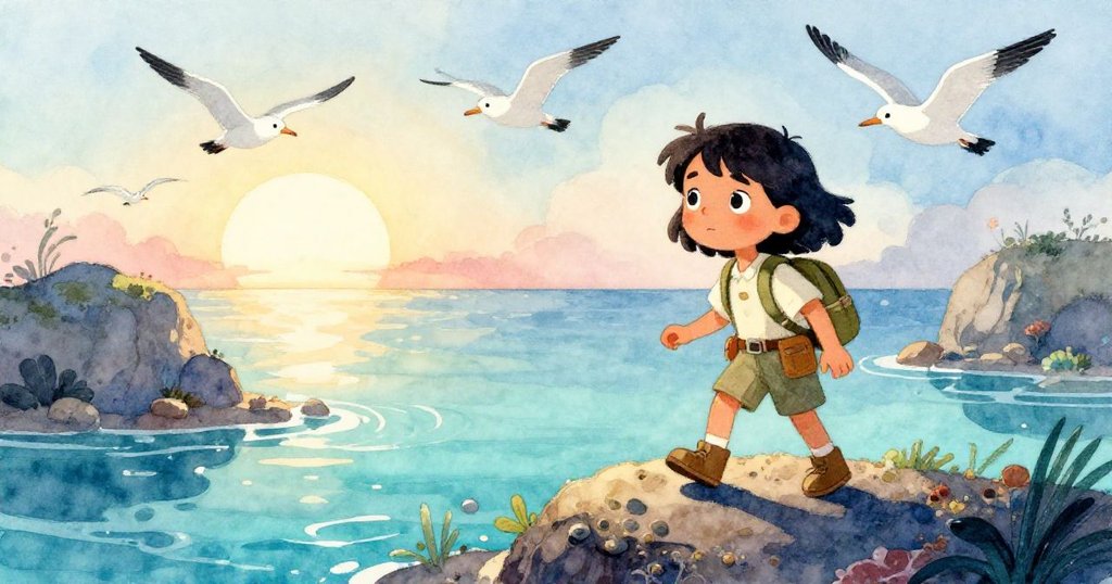 Mira在日出時踏入露出礁石，充滿活力與好奇，背景海鷗飛翔與晨光映襯海岸風景。