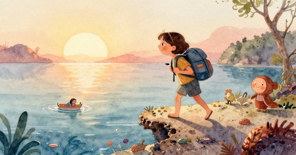 Mira專注調整相機，細緻手法展現堅毅，背景潮池微光映襯，突顯探索工具的重要性。