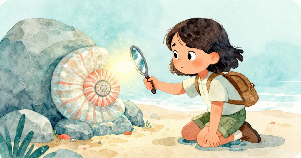 Mira蹲下擺放小鏡子反射陽光照射砂岩上隱藏螺旋紋理，表情專注且充滿奇幻感。