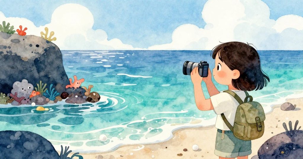 日光普照下礁石綻放豔麗色彩，Mira驚喜捕捉瞬間，潮水緩慢退去展現自然變幻。