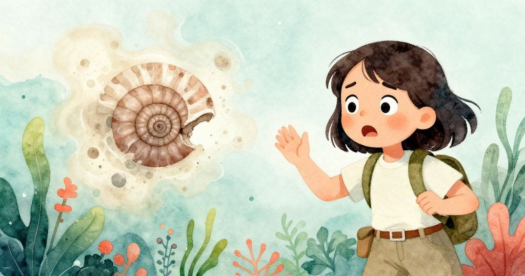 Mira驚訝又堅定，見證脆弱化石崩解散出淡塵，背景展現潮池動態光影，情緒緊張濃烈。