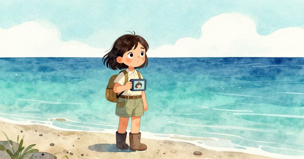 Mira站在水邊注視開闊地平線，濕潤靴子映襯希望，畫面溫暖柔和展現新冒險的起點。