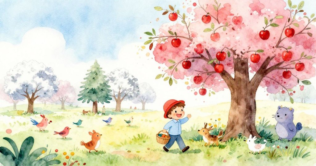 蒂姆手提籃子行走在蘋果樹下，周圍有小鳥和動物，光線明亮，場景生機勃勃