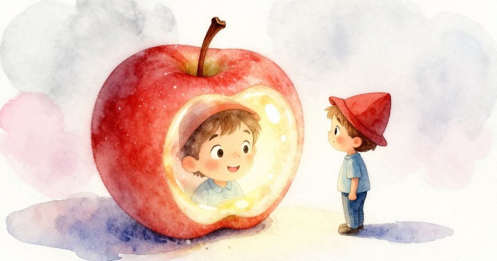 蒂姆伸手摘亮紅蘋果，蘋果表面反射出他充滿好奇的臉龐，細節明亮