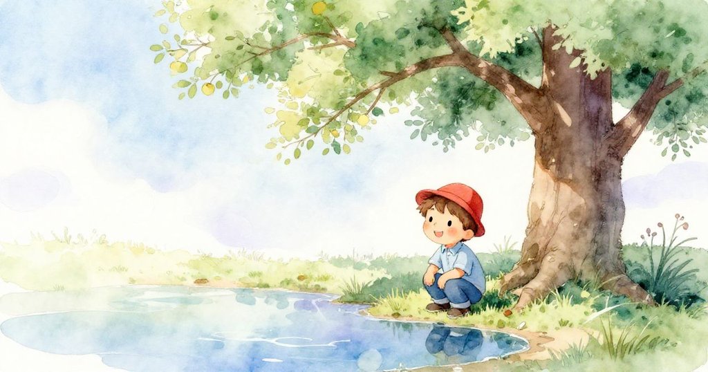 蒂姆彎腰觀察蘋果樹下水坑中倒映的樹枝和藍天，水面微波蕩漾，夢幻唯美