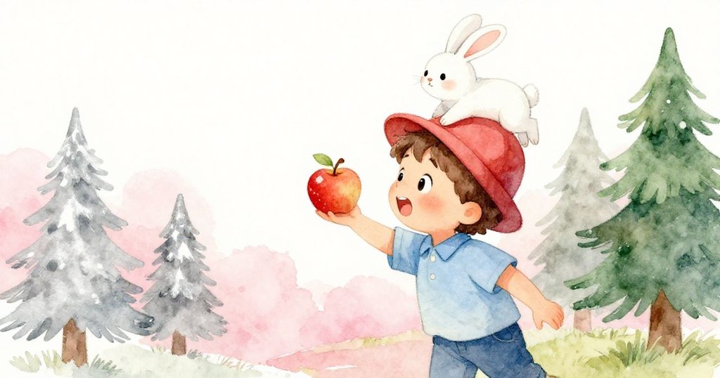 蒂姆伸手摘果時，突然一隻小兔跳上帽子，他神情驚訝，現場氣氛既意外又溫馨