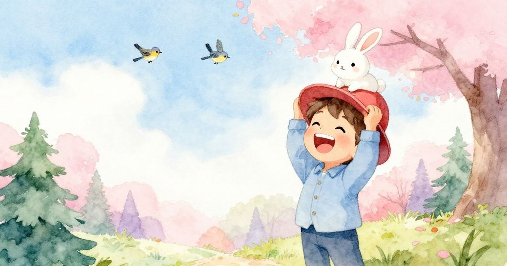 蒂姆笑著舉起帽子，看到小兔依然坐在帽上，鳥兒在頭頂歡鳴，情景溫暖而和諧