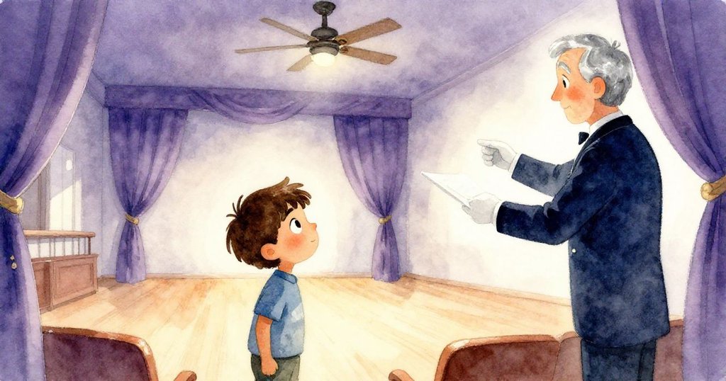 馬可在社區大廳見到銀髮指揮家輪廓, 表情充滿崇拜, 光線明亮, 背景展現古樸舞台與明朗窗光。