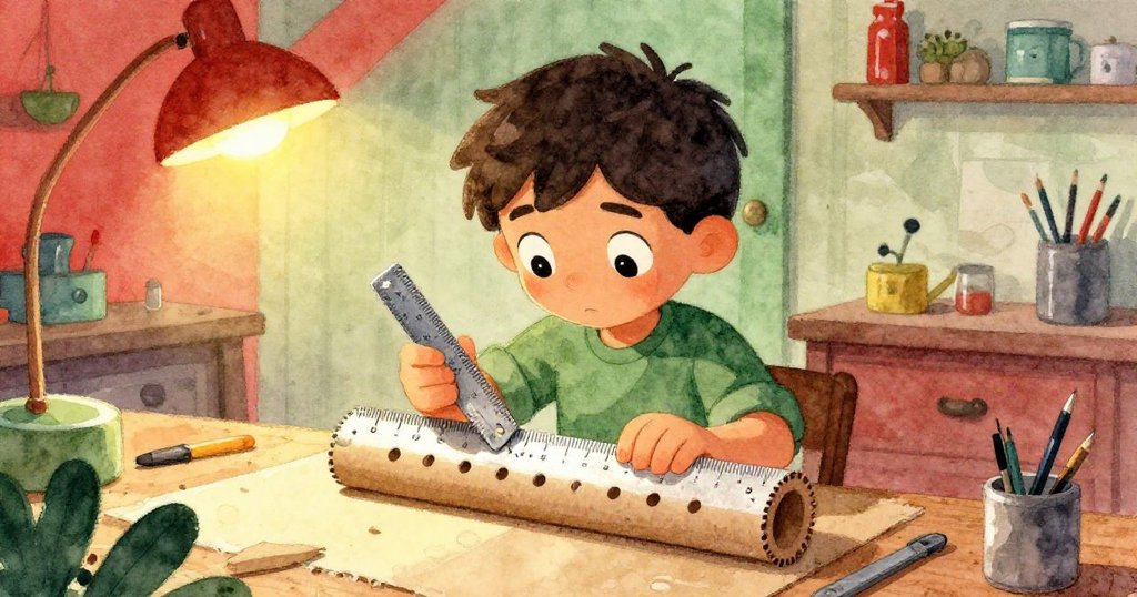 馬可在工作室內用金屬尺測量卡紙圓筒, 動作專注, 周遭散發膠水香氣與溫暖燈光, 營造出創作氛圍。