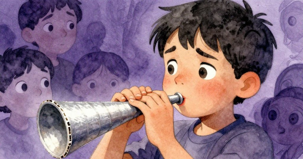 馬可吹奏自製卡紙樂器, 臉上流露失落與專注, 特寫捕捉情感細節, 燈光柔和, 背景隱約顯示工作場景。