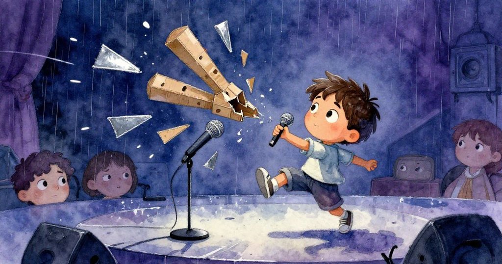 馬可急奔濕潤舞台, 因雨水濺起鞋子失足, 樂器破裂成片, 臉上寫滿驚慌與堅定, 強烈動感呈現。